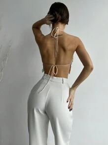 Firerie 优雅性感派对金色和杏色可调节细肩带露背亮片串珠短款上衣，狂欢节 - 金色 - 查看 2