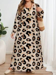 EMERY ROSE Plus Size Leopard Print Long Sleeve Round Neck Dress, Suitable For Autumn/Winter - Multicolor - View 4