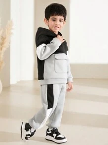 SHEIN Bộ 2 áo hoodie và quần túi màu tương phản cho bé trai thường ngày - Nhiều màu - Xem 4