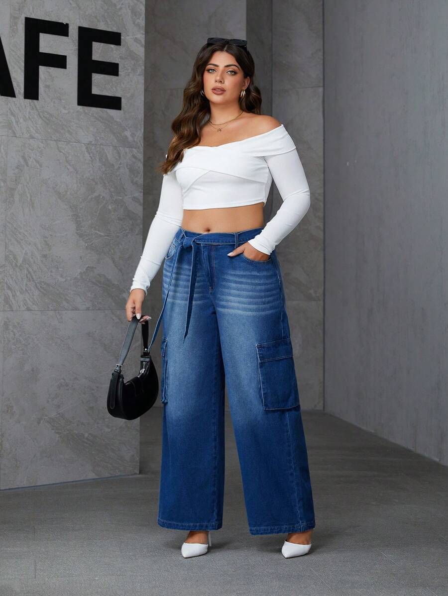 SHEIN Essnce Quần Jeans Ống Rộng Túi Hộp Size Lớn Cho Nữ Thường Ngày Đa Năng Rộng Rãi - màu đen - Xem 1