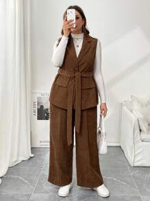 SHEIN Essnce 大码女装春季新款时尚通勤商务休闲女士法式套装两件套抹胸背心式无袖西装外套和正装裤子两件套女