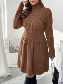 SHEIN Essnce Plus Size Women High Neck Drop Shoulder Cinched Waist Knitted Sweater Dress, Solid Color For Autumn/Winter - Brown - View 4