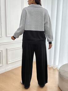 SHEIN Frenchy 大码撞色拼布运动衫和运动裤套装，休闲秋冬 - 灰色 - 查看 6