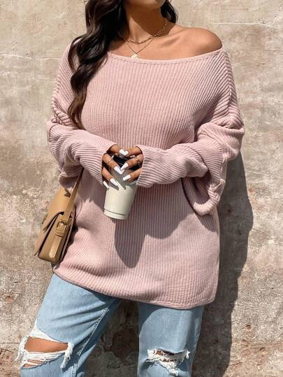 SHEIN LUNE Plus Size Women Solid Boatneck Casual Pullover Long Sleeve Sweater