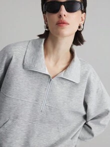 Ontre Women's Casual Solid Color Half-Zip Long Sleeve Sweatshirt, Versatile College Style, Suitable For All Seasons, Light Gray