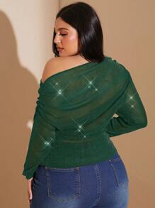 SHEIN BAE Áo cánh tay dài cổ bất đối xứng cỡ lớn dành cho nữ mùa thu thanh lịch mùa xuân và mùa hè, áo phông lưới dự tiệc sáng bóng tay dài, áo xuyên thấu - Màu xanh lá cây đậm - Xem 2