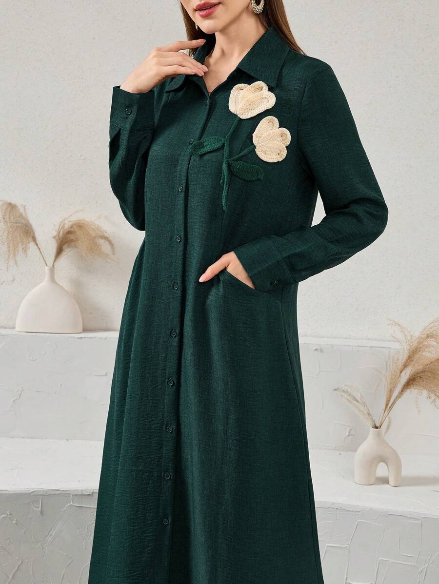 Al Najma Handmade Floral 3D Design Arabian Dress - Dark Green - View 1