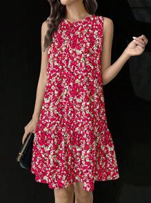 Breezaya Ditsy Floral Fără mâneci Culoare Unică Decolteu Crew Volane Tivul Rochie Casual Pentru Haine de Anul Nou