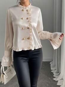 SHEIN Unity Solid Color Elegant Commuter Long Sleeve Shirt With Double-Breasted Frill Trim Fall Cloth For Women - Champagne - View 5