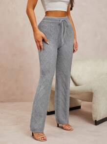 SHEIN SXY Cable Knit Fluffy Loose & Comfortable Soft Warm Sweater Pants - Light Grey - View 5