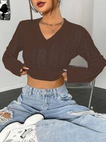 Flirla Sweater Kasual Wanita Lengan Panjang Model Crop dengan Leher V, Warna Polos, Model Pullover Rajut Musim Gugur/Dingin - Coffee Brown - View 3