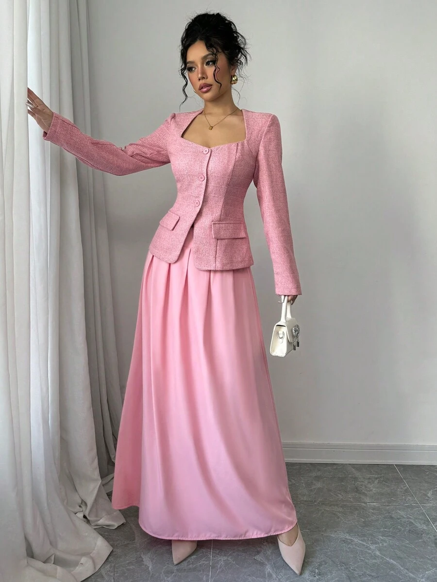 Elenzga Women's Tweed Lapel Collar Long Sleeve Elegant Blazer Jacket + White Skirt Suit, Spring/Autumn Fall Cloth For Women - Pink - View 1