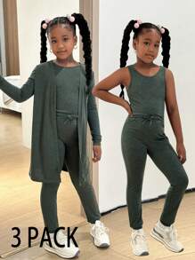 SHEIN Tween Girls 3pcs Set: Knitted Long Sleeve Cardigan, Sleeveless Tank Top, And High Stretch Leggings, Casual Sport Style - Green - View 6