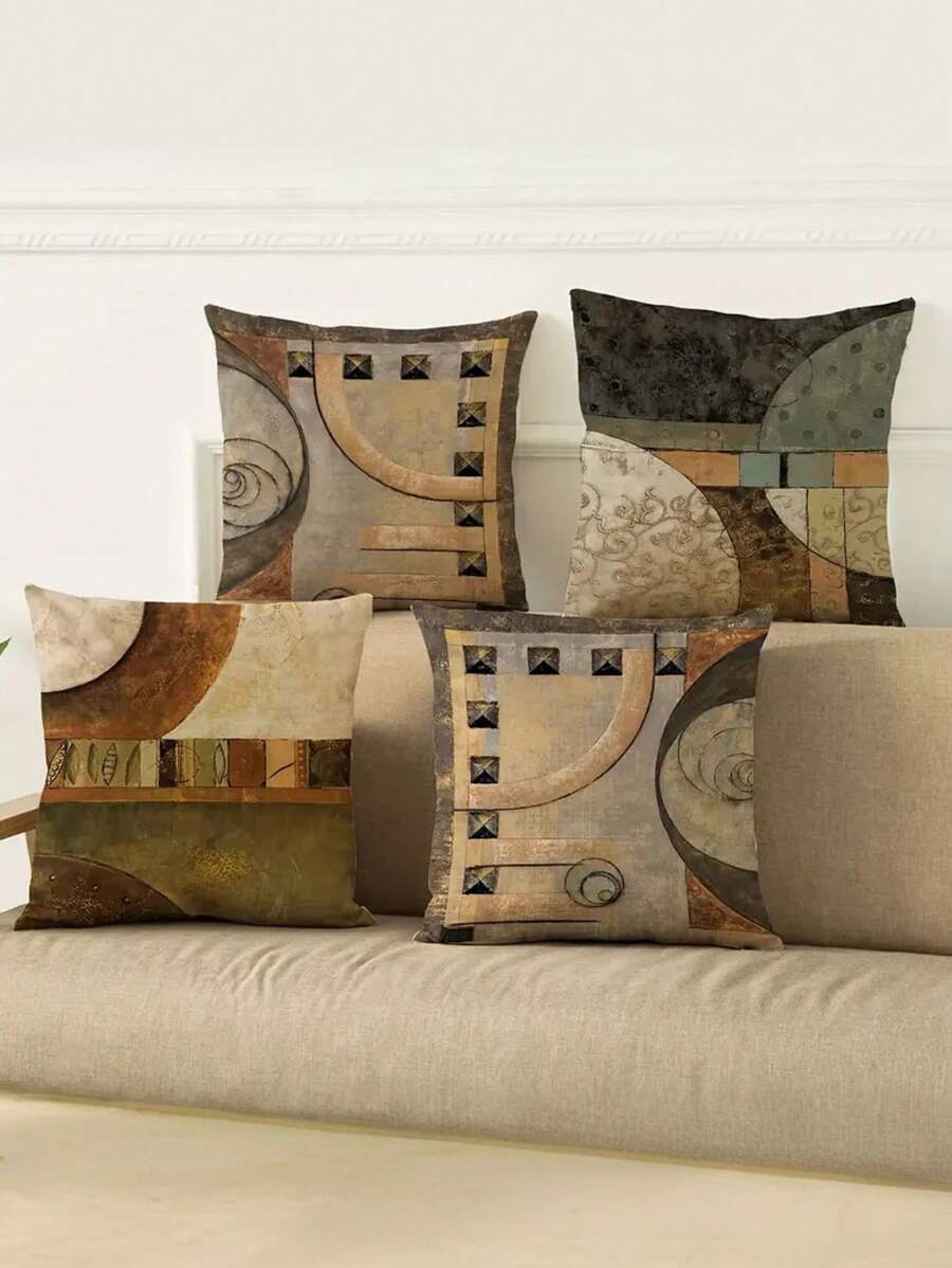 4 fundas de almohada con patrón geométrico inspirado en el vintage - Suaves, duraderas y fáciles de limpiar - 45x45 cm, para mejorar la decoración del hogar, dormitorio, sala de estar, sofá y ambiente de la habitación - No incluye el núcleo de la almohada, decoración de otoño, decoración de otoño, decoración de la habitación