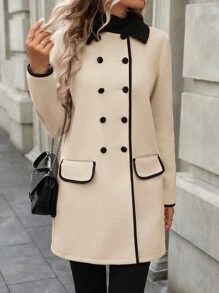 SHEIN LUNE 女式双排扣彩色拼接大衣，带口袋，秋冬款 - 杏色 - 查看 1