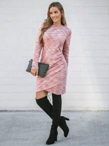 SHEIN LUNE Colorful Floral Print Waffle Knit Long Sleeve Dress For Women Blusa Rosa - Pink - View 6