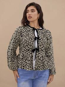 SHEIN VCAY Áo len cardigan dáng rộng họa tiết da báo thắt nơ cỡ lớn cho nữ, mùa thu/đông - Nhiều màu - Xem 4