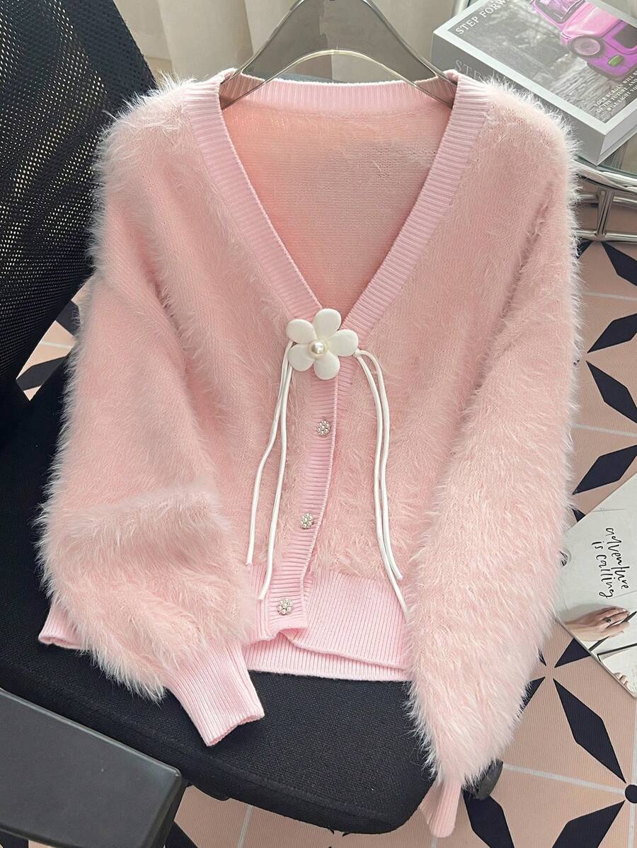 SHEIN LUNE Fluffy Thickened Elegant Cardigan Autumn/Winter Jacket, Pink Sweater - Baby Pink - View 1