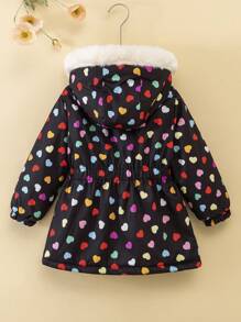SHEIN Young Girl Winter Warm Thermal Lined Hooded Jacket With Waist Belt, Digital Heart Print, Windproof Outerwear For 4-7 Years Old - Multicolor - View 2