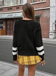 Chiquease Women All-Match Sports Jersey Fashionable & Versatile Sweater Knit Pullover Fall Winter - Black and White - View 2