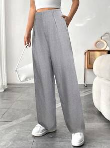 Chiquease Women's Solid Color Pleated Straight Leg Loose Casual Commuting Pants Fall Cloth For Women - Grey - View 3