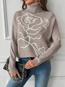 SHEIN LUNE 女士高领休闲印花针织套头衫秋冬款 - 駝色 - 查看 7