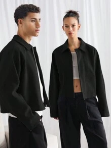 Manfinity VCAY 男士宽松休闲翻领长袖夹克，适合秋冬季 - 黑色 - 查看 4