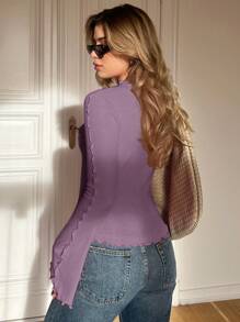 SHEIN Essnce 女士纯色立领休闲百搭长袖 T 恤 - 淺灰紫 - 查看 2