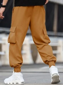 Manfinity Hypemode Loose Fit Men Plus Size Letter Patched Flap Pocket Side Drawstring Waist Cargo Pants, Fall - Khaki - View 2
