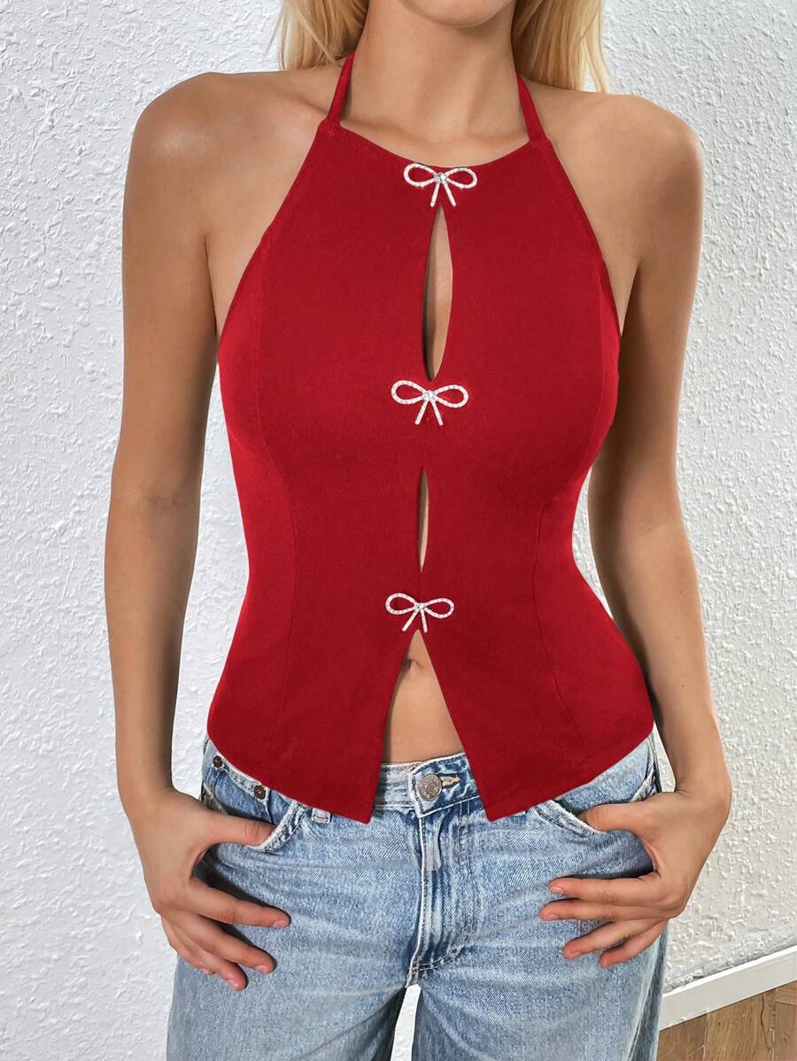 SHEIN EZwear 女士休闲纯色常规版型无袖露背针织背心 - 玫瑰紅 - 查看 1
