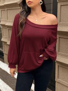 SHEIN Frenchy 大码纯色露肩长袖简约运动衫，休闲日常穿着，机场 - 酒紅色 - 查看 4