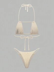 Swim EVENT Bộ 4 chiếc/Bộ đồ bơi bikini tam giác mỏng ren màu trơn mùa hè - Màu be - Xem 7