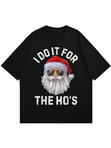 大码男式休闲日常圣诞老人印花圆领短袖 T 恤 - 黑色 - 查看 3