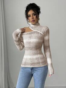 Elenzga Asymmetrical Shoulder Ombre Cinched Waist Sweater For Women Knit Pullover Fall Winter - Brown - View 5