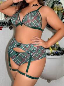 5pcs Plus Size Sexy Plaid Wireless Lingerie Set, For Christmas - Multicolor - View 5