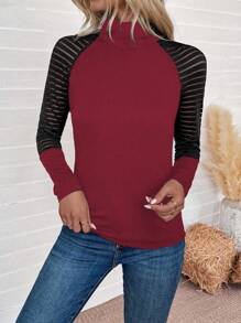 SHEIN LUNE Áo thun tay dài cổ cao họa tiết kẻ sọc lưới đơn giản dành cho nữ, quần áo mùa thu năm mới, áo thun họa tiết dành cho nữ mùa xuân - Đỏ - Xem 4