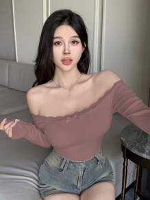 DAZY 修身露肩女款長袖T恤，對比蕾絲與蝴蝶結裝飾，休閒外出上衣 - 粉色 - 查看 2