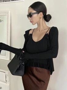 DAZY Conjunto de top de camisola de punto con volantes y cárdigan casual de otoño para mujer