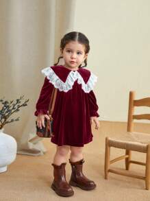 SHEIN LMoss Kids LMoss Baby Girls Autumn Elegant Stretchy Velvet & Contrast Lace Peter Pan Collar Dress For Christmas - Burgundy - View 9