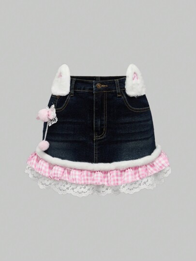 Kawaii Y2K Style Cute Bowknot Decor Women Denim Mini Skirt, Spring/Summer