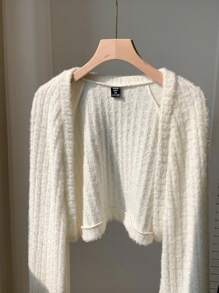 Comfortcana Plus Size Women Solid Color Cropped Furry Cardigan, Autumn/Winter Fall - White - View 5