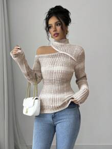 Elenzga Asymmetrical Shoulder Ombre Cinched Waist Sweater For Women Knit Pullover Fall Winter - Brown - View 4