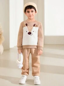 SHEIN 2pcs/Set Cartoon Elk Print Crew Neck Long Sleeve Sweatshirt And Pants Casual Outfit For Young Boy - Khaki - View 3