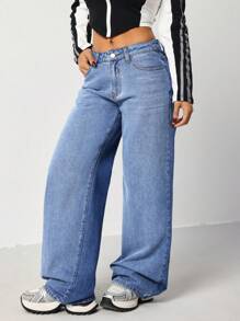 SHEIN EZwear Women's Low Waist Skinny Fit Straight Leg Blue Jeans