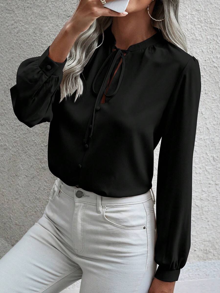 EMERY ROSE Simple Solid Color Puff Sleeve Shirt, Casual Autumn Fall Cloth For Women - Black - View 1