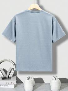 SHEIN Parte superior casual de manga corta y hombros caídos para adolescentes varones, con gráfico en inglés con relieve 3D