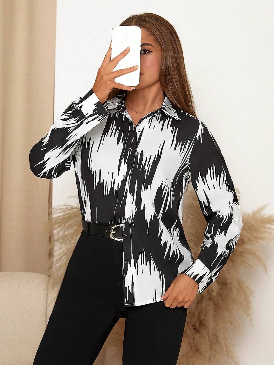 SHEIN Clasi Áo sơ mi nữ đi làm họa tiết khối màu thường ngày, mùa thu - Đen và trắng - Xem 1