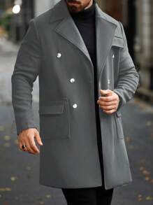 Manfinity Homme Men's Solid Color Turn-Down Collar Double-Breasted Casual Overcoat For Autumn/Winter - Grey - View 3
