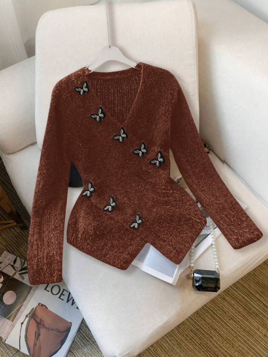 SHEIN Unity 女士优雅蝴蝶装饰V领长袖毛衣，秋冬休闲针织套头衫 - 咖啡棕 - 查看 1