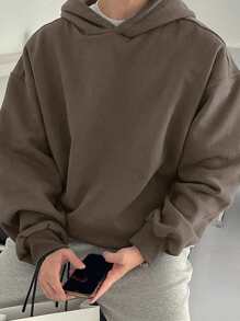 DAZY Men's Casual Dropped Shoulder Plain Hooded Sweatshirt, Autumn - Brown - View 5